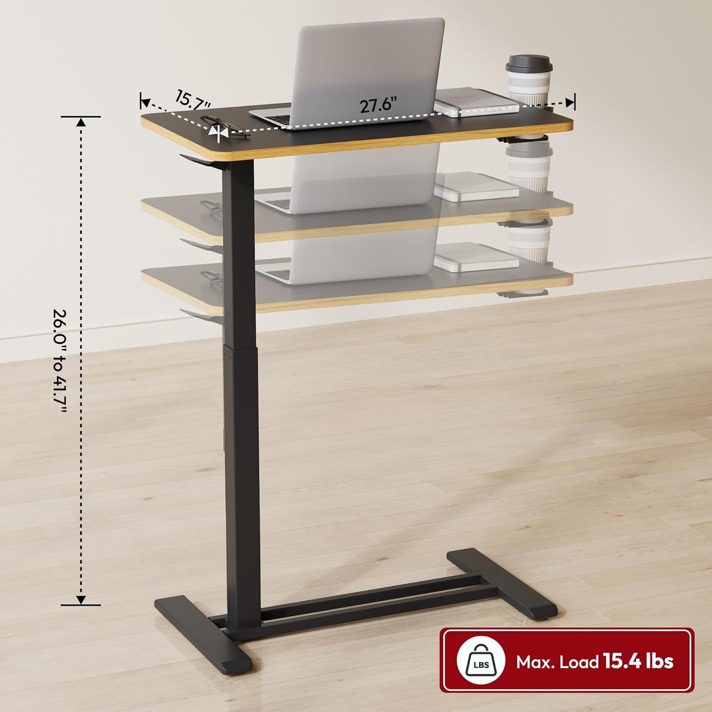 SANODESK Medical Adjustable Overbed Bedside Table with Hidden Casters, Pneumatic Mobile Laptop Computer Standing Desk Cart with Tray, Hospital and Home Use(27.6" W x 15.7" D, Black)