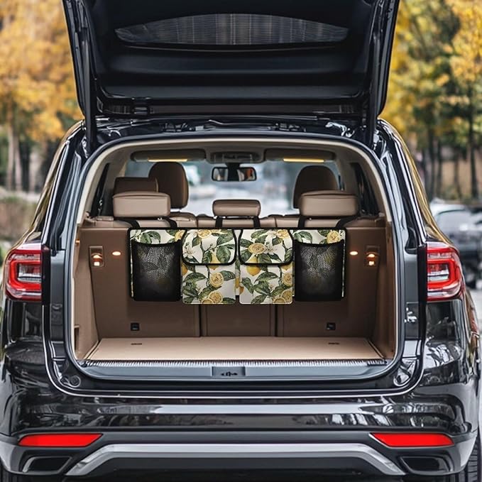 Retro Lemon Trunk Organizer for SUV Back Seat Car Hanging Cargo Storage Bag 4 Pockets Car Accessories for Women Interior