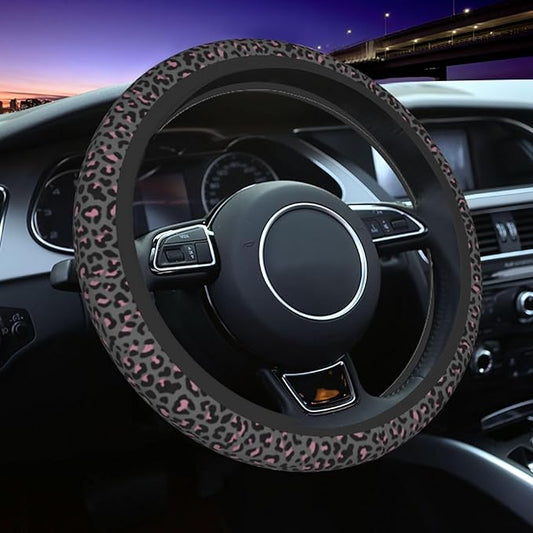 Pink Black Leopard Cheetah Print Steering Wheel Cover, Cute Anti-Slip Breathable Car Accessories Interior Elastic Steering Wheel Cover for Women Fit Auto, SUV Vans Truck Universal 14.5-15 Inch