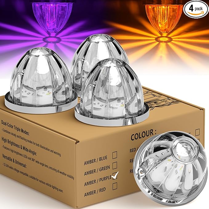 4-Pack Dual Color Watermelon Lights LED Strobe & Steady Cab Roof Clearance Marker Warning Lights Amber Purple Side Marker Lamp with Bezel for Truck Trailer RV Off-Road Vehicle
