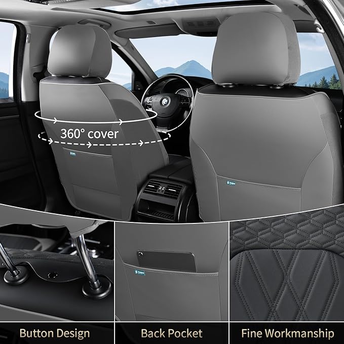 FLORICH Leather Seat Covers for Cars Front and Rear Car Seat Cover Premium Car Seat Protector Luxury Automotive Seat Covers Full Set Universal Fit for Most Car Truck SUV, Gray&Black