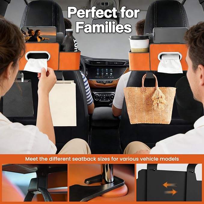 Multifunctional 3‑in‑1 Car Seat Back Storage Box Organizer with Cup Holders, Tissue Box Slot & Headrest Hooks – Backseat Car Organizer for Phones, Snacks, Drinks, Bags, Travel Storage (White)