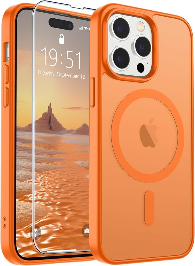 SUPFINE Magnetic for iPhone 14 Pro Case with Screen Protector (Compatible with MagSafe) (Military Grade Drop Protection) Translucent Matte Shockproof Phone Cover,Starry Orange