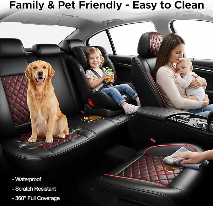 Fit Santa Fe Car Seat Covers for Hyundai Santa Fe 2007-2026 (Only 5-Seat Version) - Full Set Premium Leather, Waterproof, All-Weather, Airbag Compatible, Car Seat Protectors (Redline)