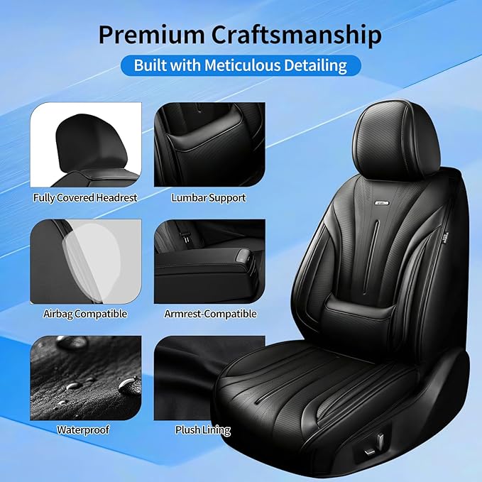 Fit Bolt Car Seat Covers for Select Chevrolet Bolt/Chevy Bolt EUV 2017-2025 - Premium Full Coverage Leather, Airbag Compatible, Waterproof & All Weather Seat Cushion Protector, Full Set, Black