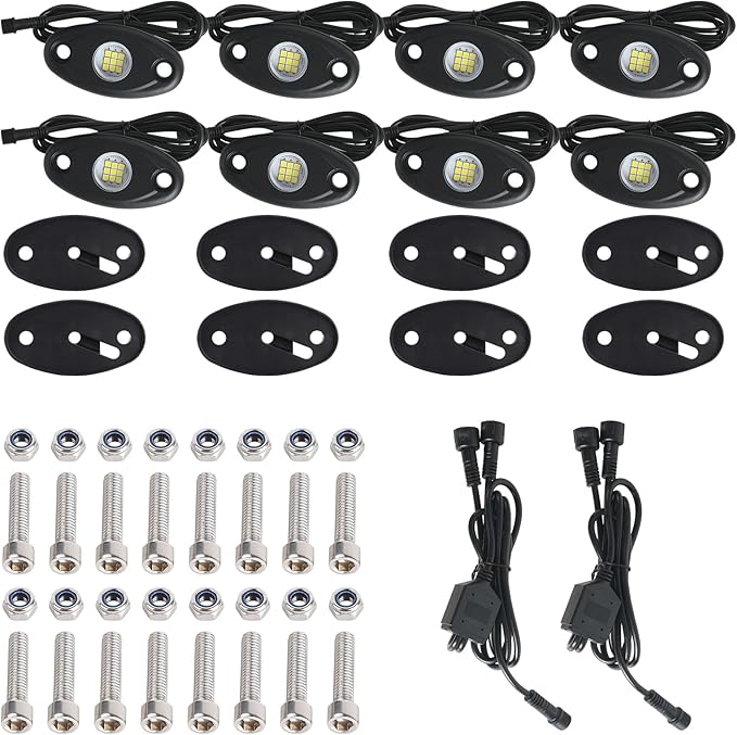 12pods White Rock Lights Dc 12v 6000k Aluminum Alloy Pure White Led Rock Lights with Switch Wiring Harness Kit Ip68 Waterproof for Trucks Pickup Off-Road Cars SUV Utv ATV Rv RZR Underglow Lights