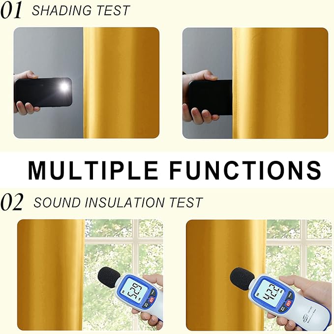 XWZO 100% Blackout Curtain Panels - Thermal Insulated Black Liner Curtains, Noise Reducing and Heat Blocking Drapes for Hall and Studio Windows with Tiebacks, Yellow, W60 x L84, Set of 2