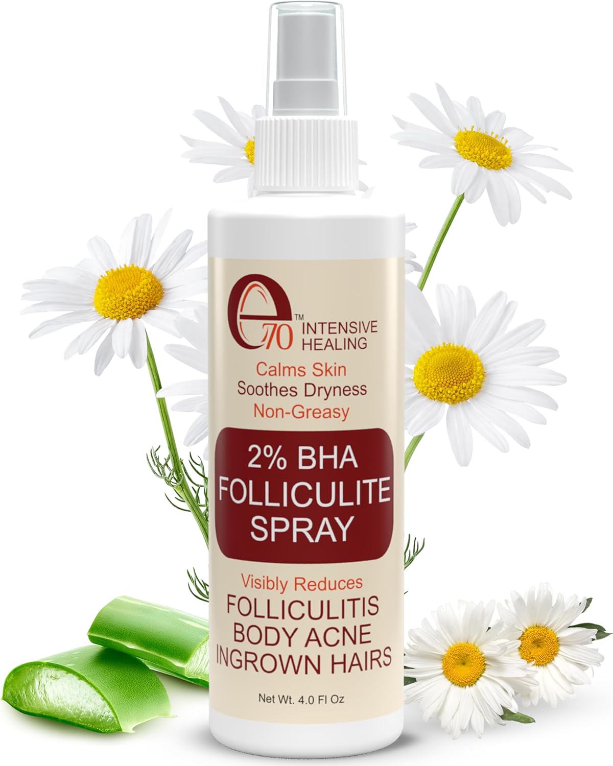 Folliculitis Treatment 2% BHA Body Spray - Salicylic Acid with Tea Tree Oil & Aloe Vera - Spray Moisturizer for Dry Skin, Clogged Pores & Irritation by Made in USA e70, 4 fl. oz