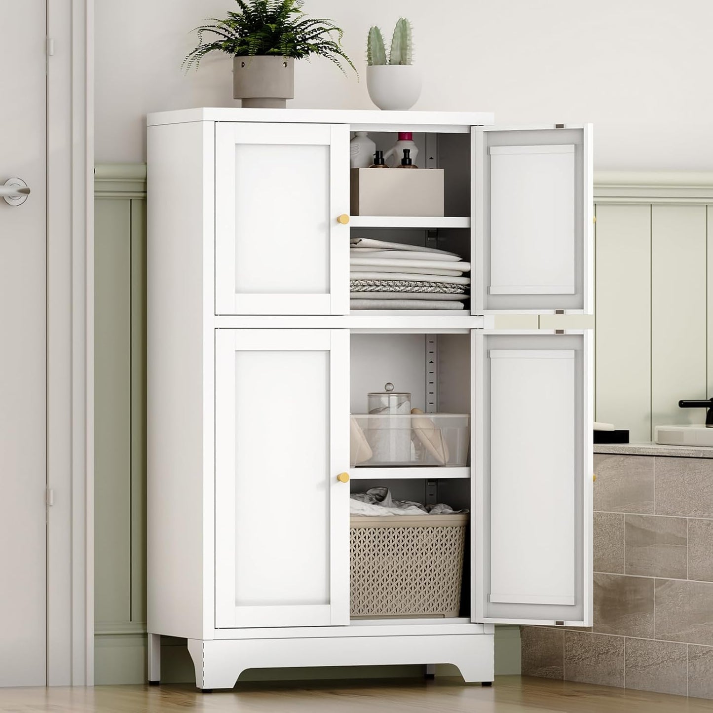 White Bathroom Floor Cabinet, Metal Storage Cabinet with 2 Adjustable Shelves & 4 Doors,Freestanding Sideboard for Dining Room,Living Room, Home Office