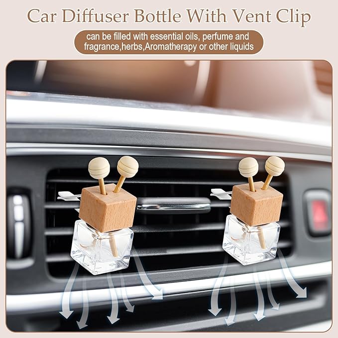 Zubebe 200 Pcs Car Diffuser Bottles Empty Bulk Vent Clip Car Air Freshener Diffuser for Essential Oil Perfume Glass Bottle with Wooden Caps Stick Fragrance Ornament (Clear)