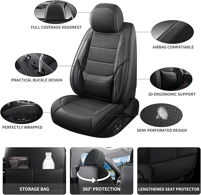 Car Seat Covers Full Set Custom Fit for Ford Fusion 2007-2020 - Premium Faux Leather with Lumbar Support, Waterproof, Breathable, Anti-Slip, Easy to Install &Protectors (Black,Full Set)