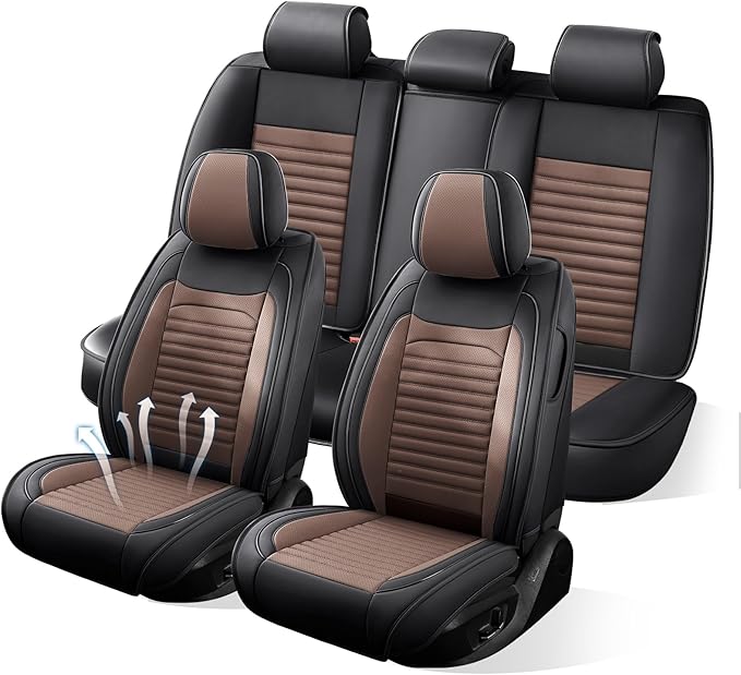 Car Seat Covers Full Set Fit for Toyota Yaris 2007-2020, Premium Faux Leather Car Seat Protector,Breathable Anti-Slip Full Wrapping Edge Seat Covers(Black&Brown,Full Set)