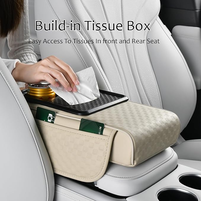 Car Center Console Armrest Pad, Arm Rest Box Cushion with Ergonomic Height Boost, Storage Pockets, Built-in Tissue Box, Cupholder, Fit for Most Sedan Vehicles (Embossing Checkerboard, Coffee)