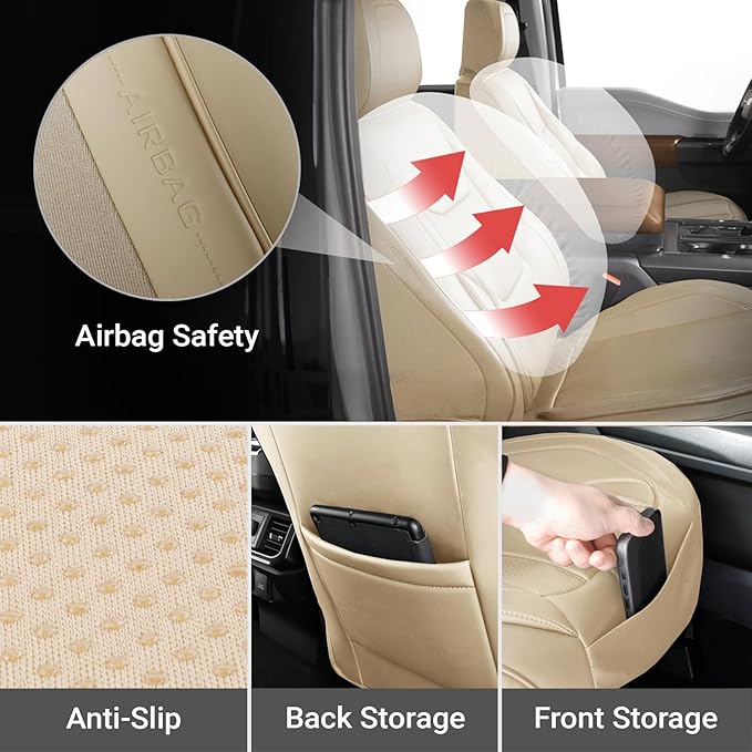 Coverland Custom Fit Car Seat Covers for SUV Compatible with [2020-2025 Tesla Model Y] Premium Car Seat Cover Water Resistant Leather Non-Slip Interior Protector [Front Beige - Size Chart A39]