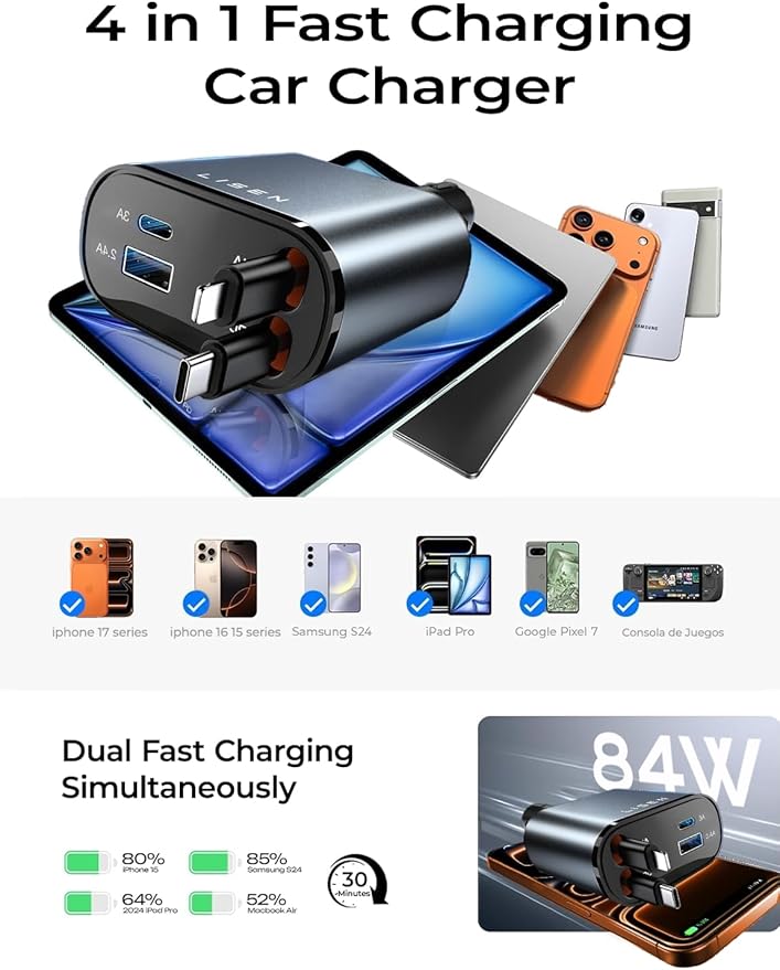 LISEN Retractable Car Charger, Gifts for Mothers Day, Upgrade 84W Car Charger USB C Fast Charge, 2026 Unique Car Accessories for Mom Dad Him Her Men Women, for iPhone 17 16 15 14 13