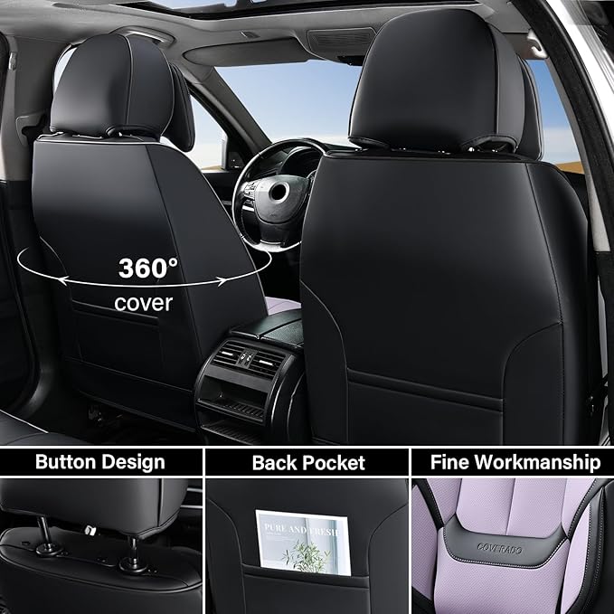 Coverado Universal Seat Covers Front, Universal Seat Covers for Cars, 2-Pack Waterproof Nappa Leather Car Seat Covers with Head Pillow, Auto Protectors Fit for Most Sedans SUV Truck-Black&Purple