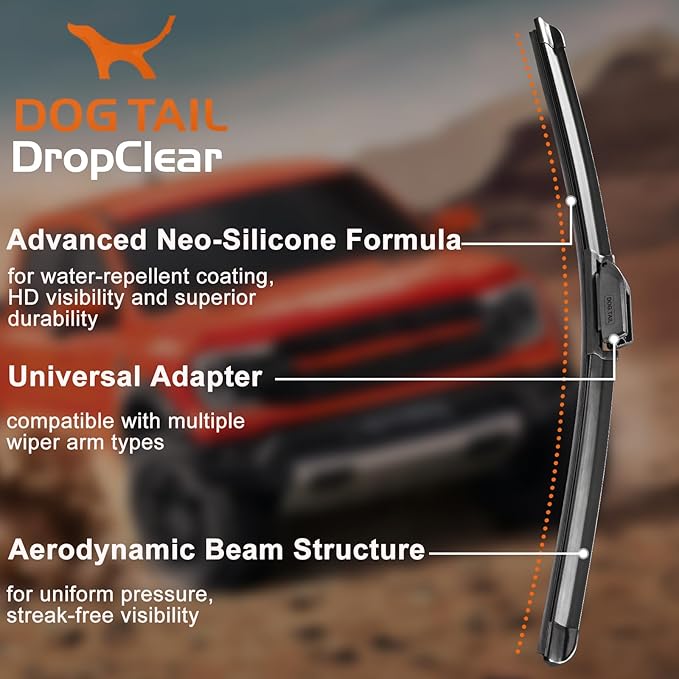 DOG TAIL Water Repellent Silicone Wiper Blades 26" 19" Set with Multiple Adapters and 2 Refills, Automotive Replacement Front Windshield Wiper Blades for My Car with Water Repellency Formula DropClear