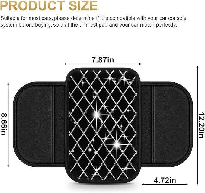 Bling Center Console Cover with 2 Side Pockets Fit for Corolla Multi-Functional Car Armrest Cushion Diamond-Studded Rhombus Pattern Style(Black&Silver Diamond)