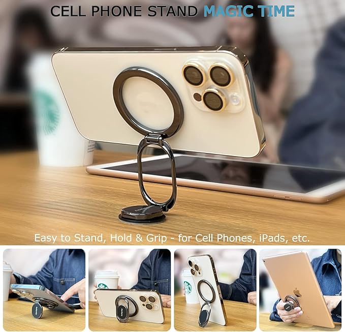 Doflyesky Magnetic Phone Ring Holder for Magsafe Phone Grip, Dual-Sided Magnetics Adjustable Gym Phone Holder Finger Kickstand for iPhone 17, 17 Air, 16, 15-12 Pro Max and Android Phone Cases (Gold)