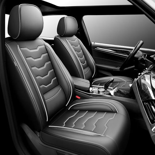 Fit Sonata Car Seat Covers Premium Leather for Hyundai Sonata 2007-2025 2026. Waterproof， Breathable, Scratch-Resistant & All-Weather Seat Cushion Protector（Front Seat,White Line Black