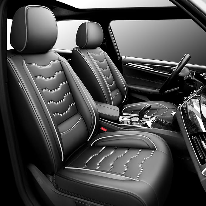 Fit Kona Car Seat Covers for Select Hyundai Kona 2018-2025 2026. Premium Leather, Waterproof， Breathable, Scratch-Resistant & All-Weather Seat Cushion Protector (Front Pair,White Line Black)