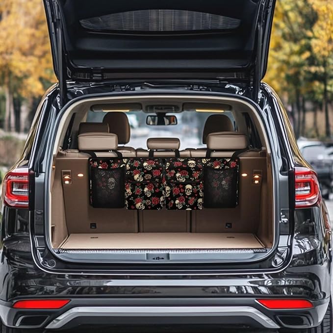Red Rose Skull Car Trunk Organizer, Backseat Hanging Storage with 4 Large Pockets, Collapsible Cargo Bag with Adjustable Straps Sturdy Space Saving Expert for SUV, Truck, Van