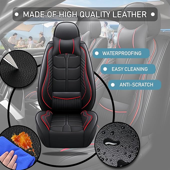 Leather Car Seat Covers Fit for Toyota Yaris iA 2017-2018, 5 Seater Car Seat Cover, Premium Waterproof, Scratch Resistant Car Interior Accessories (Full Set with Pillow Black Red)