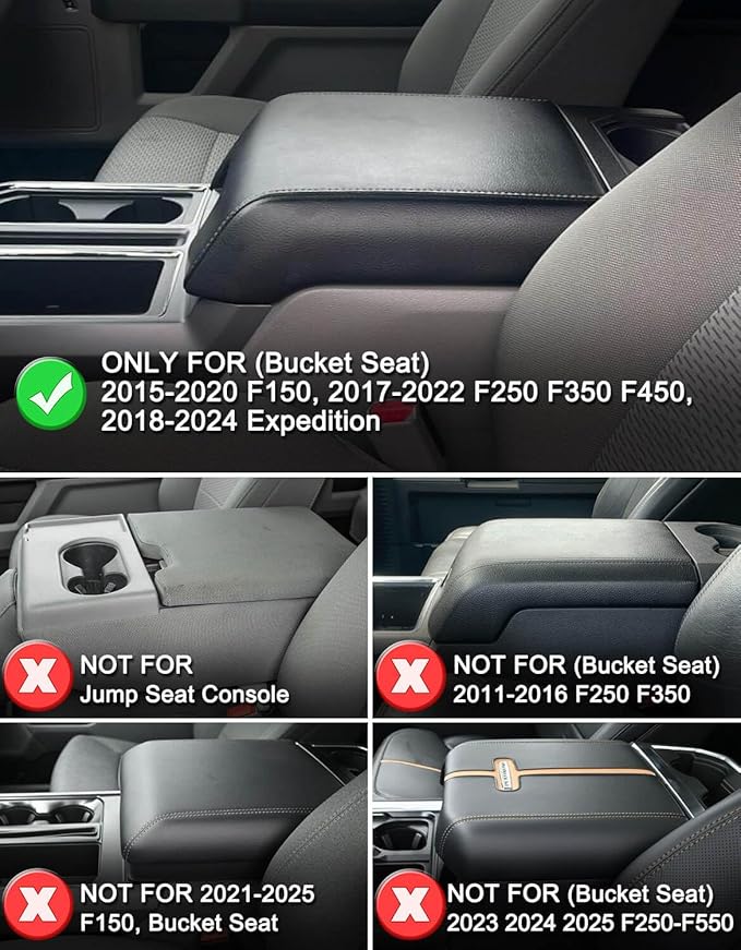 KBH Center Console Armrest Cover for Ford F250 F350 F450 F550 2017-2022, F150 2015-2020, Expedition 2018-2024, Bucket Seat, PU Leather Cushion Pad, Black (Armrest & Cup Holder Cover Set)