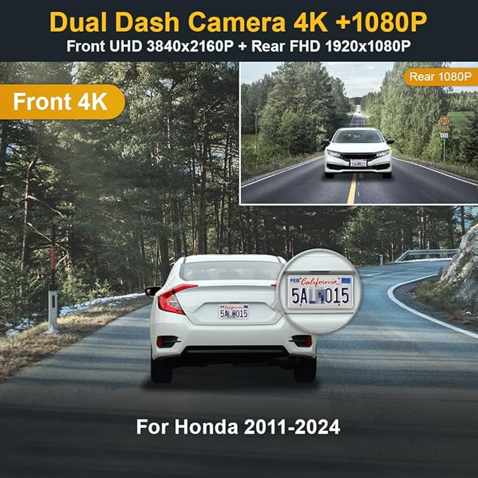 Fitcamx Front 4K+Rear 1080P Dash Cam for 2011-2024 Honda Vehicle Styles (Rhombus Dome Light), OEM Factory Look, Dual Loop Recording, WiFi & APP, G-Sensor, Easy to Use, 128GB Card