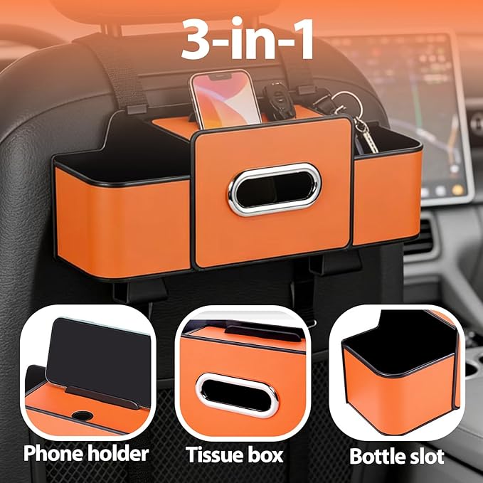 ZenChef Three-in-one Car Organizers and Storage, 2025 New Multi-function Car Tissue Holder, Multi-function Backseat Car Organizer with Cup Holder, Tissue Box, Hook (orange)
