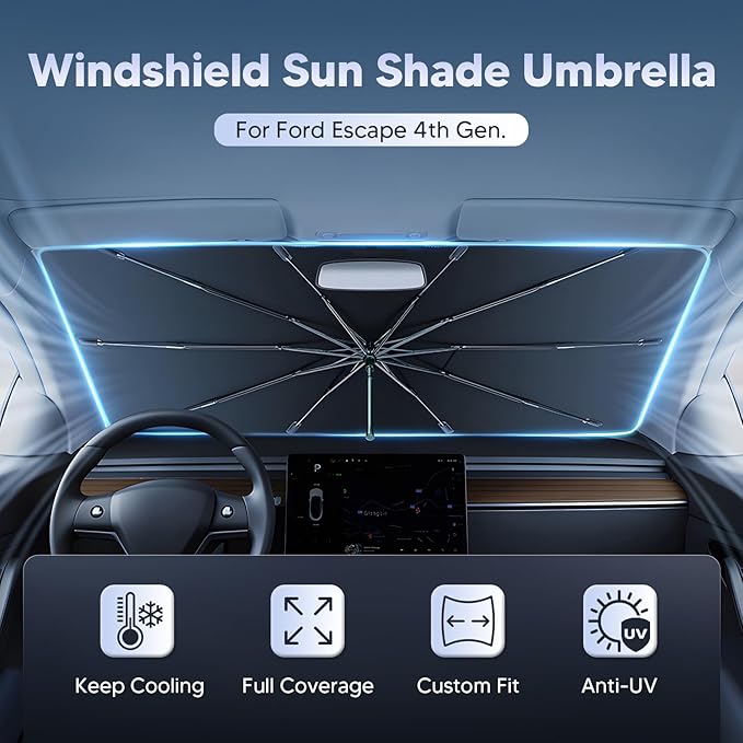 Autorder Windshield Sun Shade Umbrella for 2020-2025 Ford Escape Accessories,Upgraded Ice Crystal Material,Easy Setup Umbrella Sunshade for Car Windshield,100% Sun Blocking