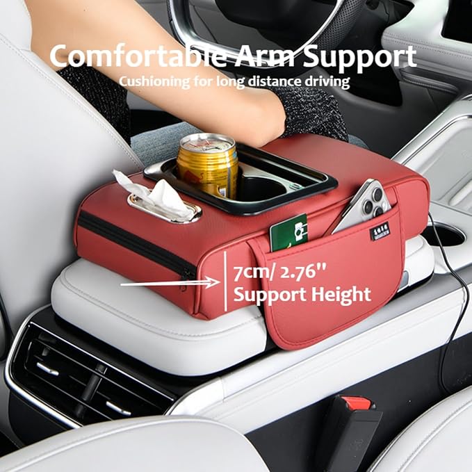 Armrest Box Pad for Car w/Type-C Charging Interface, Car Center Console Cover w/Cup Holder, Interior Car Accessories (Orange)