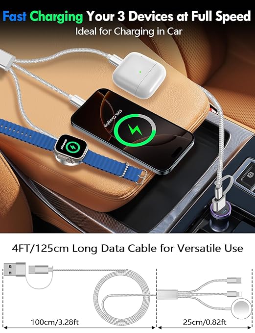 2 Pack Multi Charging Cable Cord for Travel Essentials,Apple Watch Charger,iPhone Charger,[3-in-2] Type C/L Cable Portable Designed for iWatch,iPhone 17-8,Galaxy S25-21,AirPods,iPad-4FT White