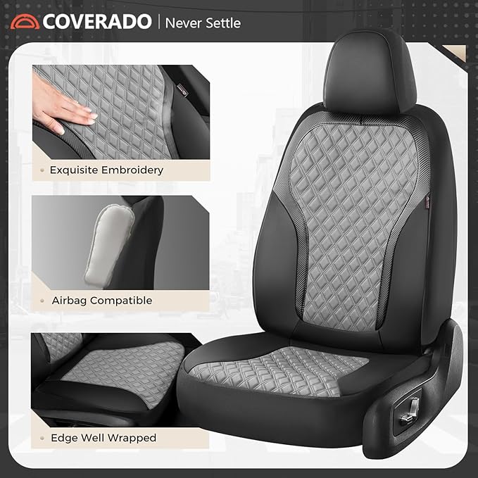Coverado Car Seat Covers 5 Seats, Leather Seat Covers Full Set, Carbon Fiber Textured Design, Durable Waterproof Seat Protectors, Black&Gray Seat Cover, Automotive Seat Covers Universal Fit Most Cars