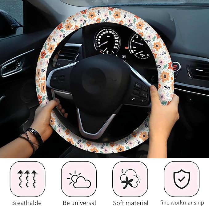 Car Steering Wheel Cover, Universal 15 Inch Neoprene Non-Slip Steering Wheel Covers, Funny Car Accessories for Women Men Fit Auto, Suvs, Truck Colorful Adorable Flowers