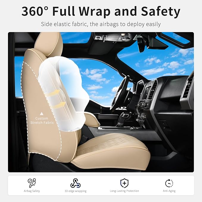 Huidasource Tacoma Front Leather Seat Covers, Car Seat Cushion Cover Fit for 3rd Gen Toyota Tacoma 2016-2023 SR SR5 Limited TRD Sport/Pro/Off Road All Cab Front Row (Front Pair/Beige)