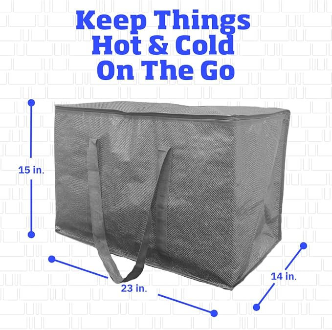 DURASACK XXXL Insulated Food Delivery Bag – 23”x14”x15” Reusable Catering Tote for Hot & Cold Food – Water-Resistant Thermal Carrier for Meal Transport, Grocery Runs, and Events, Gray, Pack of 3