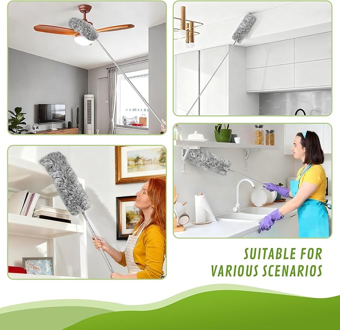 15-Piece Microfiber Feather Duster Set with Extension Pole (16.1" to 100"), Bendable Flat Duster for Under Appliances, Cobweb & Ceiling Fan Duster for Cobweb, Ceiling Fan, Blind, Furniture