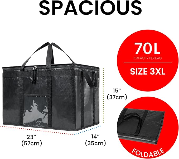 NZ home Insulated Bags for Food Delivery (3XL PRO) Grocery Shopping Cooler Bag, Pizza Delivery, Hot & Cold Catering Tote, Reusable, Foldable & Heavy Duty (Gray)