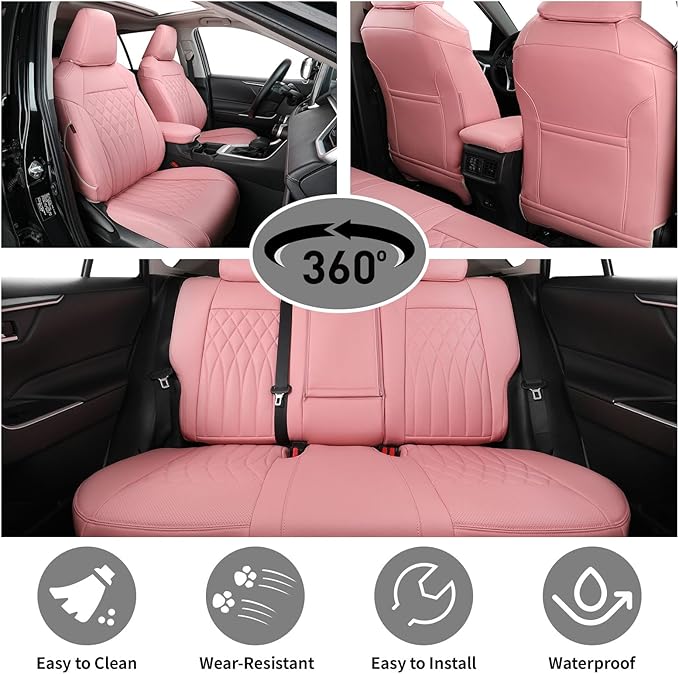 EKR Rav4 Seat Covers Custom Fit for Toyota Rav4 LE(NOT for Hybrid) 2013 2014 2015 2016 2017 2018,Leather Car Pink Seat Cover for Women SUV Full Set,Faux Leather(Pink)