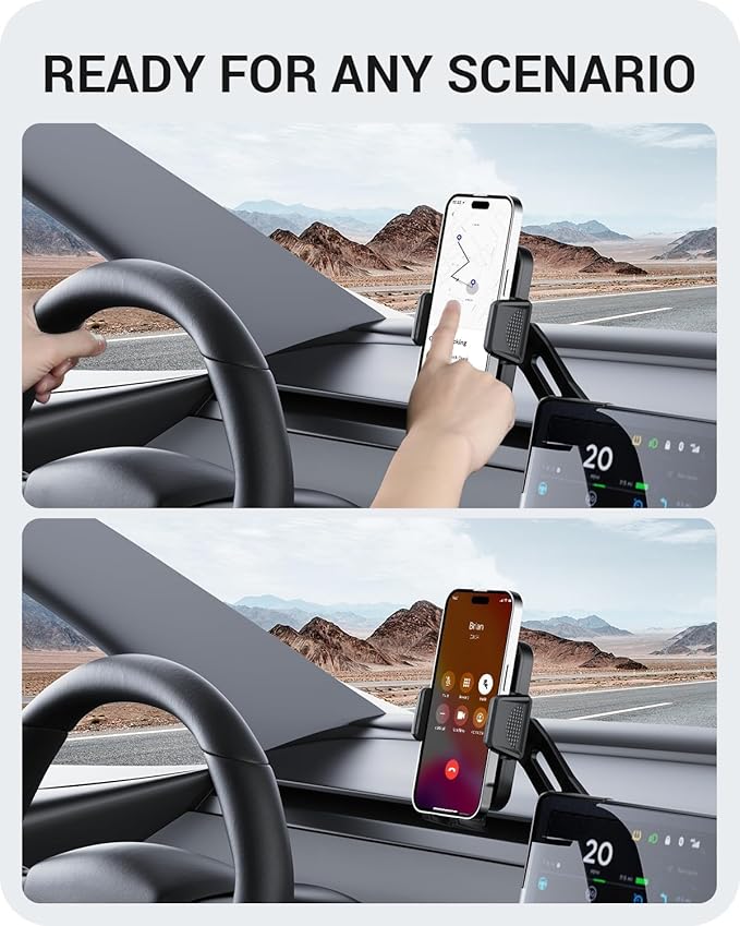 BASENOR Tesla Phone Mount for 2020-2024 Model Y & 2017-2023 Model 3 Screen-Safe Holder with Strong Adhesion, 360° Rotatable Cell Phone Stand, Must-Have Interior Accessories for All Phones