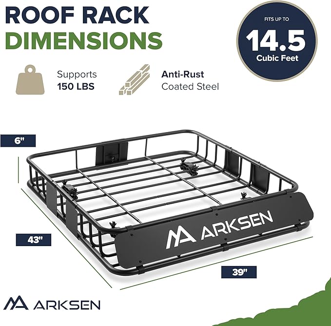ARKSEN 43" x 39" x 6" Roof Rack Basket with Extension, Waterproof Cargo Bag, Net & Ratchet Straps, 150 lb Heavy-Duty Steel Cargo Carrier, Fits Crossbars up to 1.38" Thick, for SUV & Pickup Truck