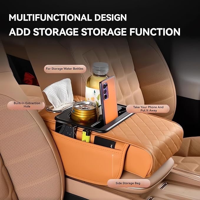 Multifunctional PU Leather Car Armrest Box Mat, 5-in-1 Multifunctional Car Armrest Cushion, Center Console Cover with 2 Cup Holder, For Storing Tissues,Phones,Wallets,Drinks,for Most Cars (Black-A)