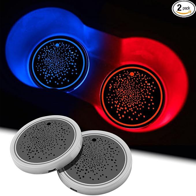 2Pcs LED Car Cup Holder Lights, 7 Colors Light Up Cup Coasters, USB Rechargeable Interior Lighting Accessories for Car Truck Vehicle Decoration﻿