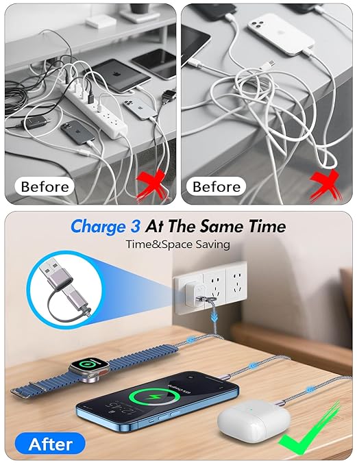 Travel Essentials for Apple Watch Charger,iPhone Charger,3 in 2 Type C/L/Magnetic Fast Charging Cable,Multi Charging Cable Portable Designed for iWatch Series,iPhone 17-11,Galaxy S26-S21,Car-6FT