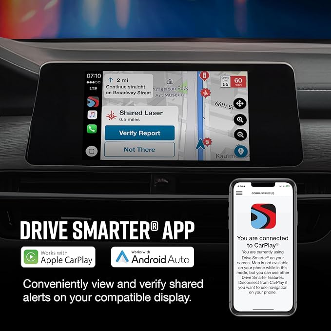Cobra Smart Dual View Front and Cabin Dash Cam (SC 220C) - QHD 1440P Resolution, 360 Alerts, Parking Live View, Incident Reports, Emergency MayDay, 16 GB SD Card Included, CarPlay & Android Auto