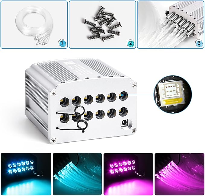 Car Starlight Headliner Kit, 4 Colors 32W Twinkle & Meteor Star Ceiling Lights, 2 in 1 Fiber Optic Light 4 Port Engine 800pcs*0.03in*13.1ft+240 RGBW Shooting Stars Lights for Car Home Roof Décor