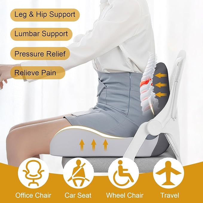 L-Shaped Memory Foam Seat Cushion with Lumbar Support-Ergonomic Car & Office Chair Cushion for Sciatica, Coccyx & Back Pain Relief Supports Hips & Back for Drivers & Long Sitting (Dark Grey)