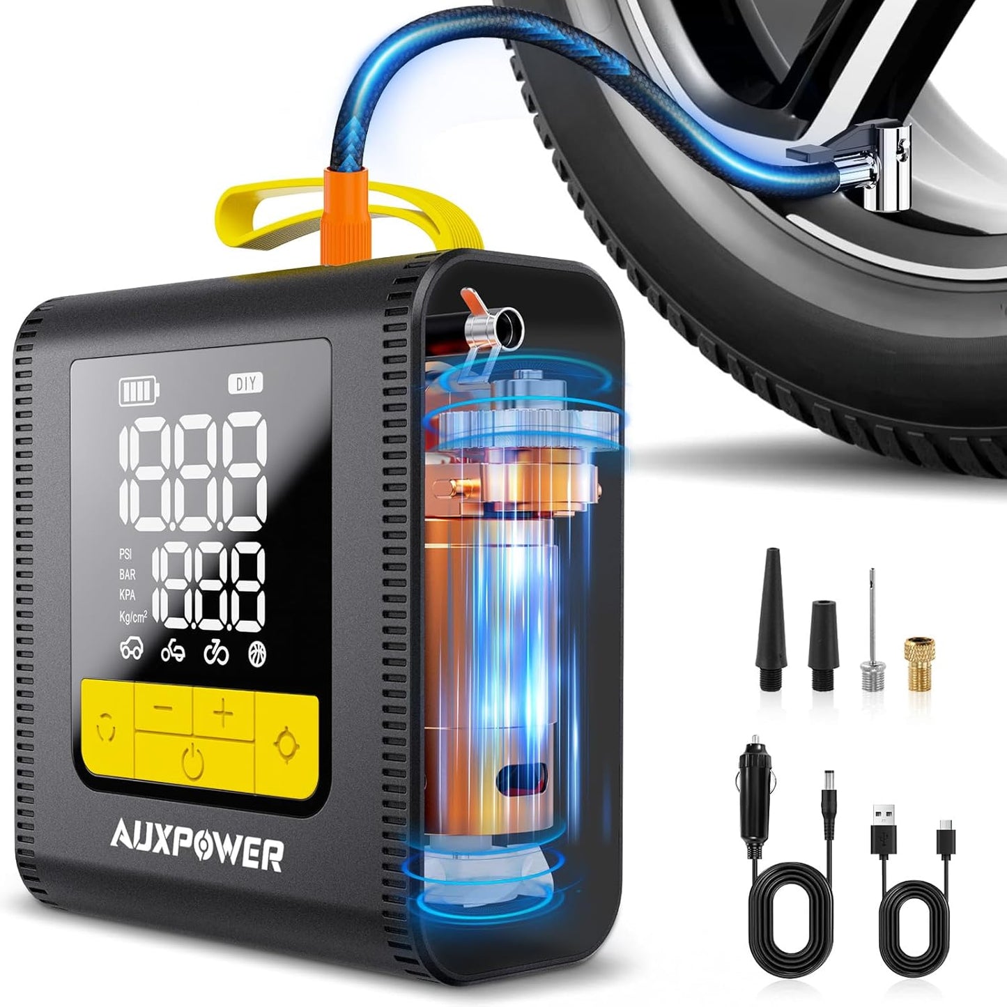 Auxpower H4 Tire Inflator Portable Air Compressor, 150PSI Fast Inflation Air Pump with Pressure Gauge, Auto-Shutoff and LED Light, 12V Cordless Tire Inflator for Car, Motorcycle, Bicycle, Balls