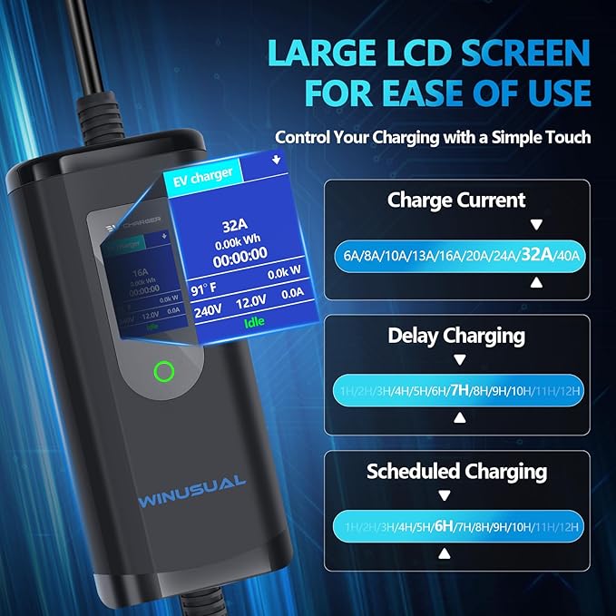 Portable Level 2 EV Charger, 6-32A, 220-240V, NEMA 14-50P, 25FT, Electric Car J1772 Charger for Home and Travel, Reliable and Durable EV Charging Cable